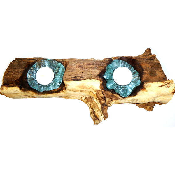 Natural wood with double molten glass candle holders, available at Cerulean Arts.