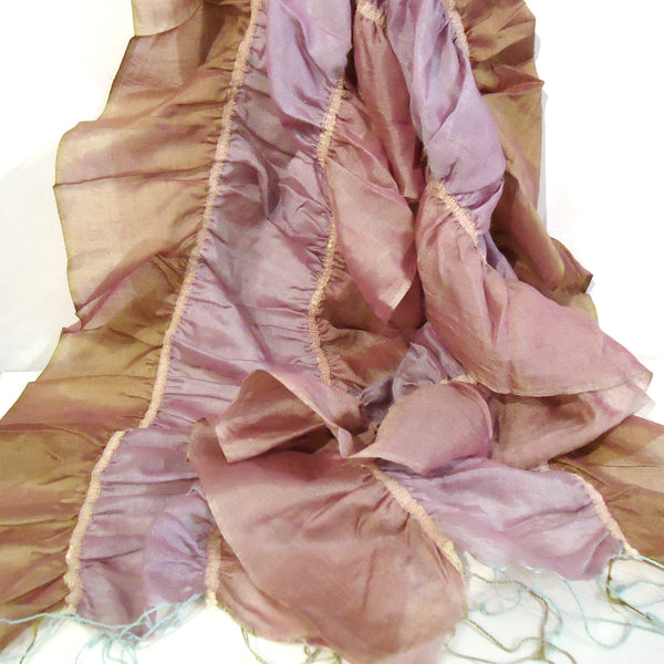 Ruched cotton and silk scarf in shades of lavender available at Cerulean Arts. 