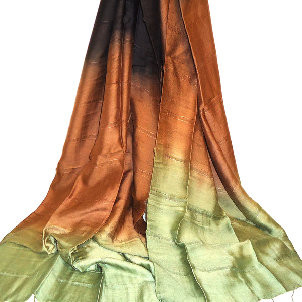 Silk and cotton ombre scarf in gradating shades of green to brown available at Cerulean Arts. 