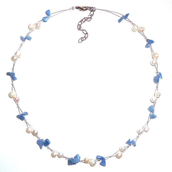 White pearl and blue stone chip necklace on wire cord available at Cerulean Arts. 