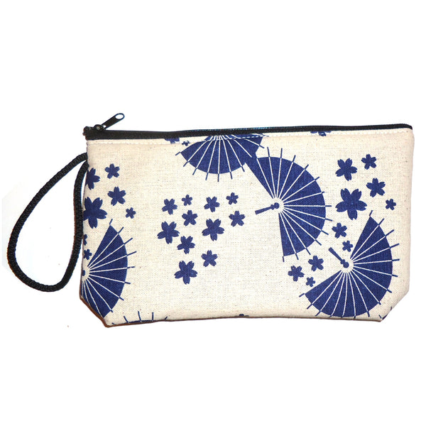 Cotton clutch purse printed with navy blue fan motif, available at Cerulean Arts. 