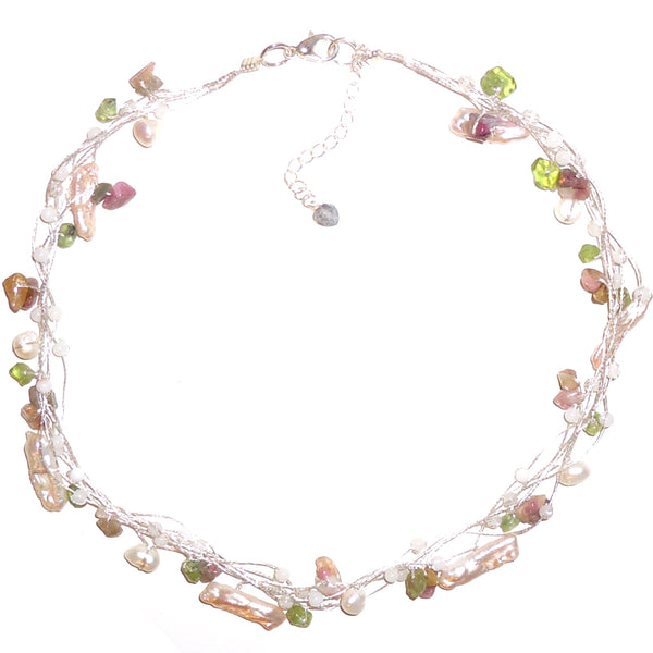 Pearl and stone necklace in shades of pink and lime on multi-strand silver silk cord, available at Cerulean Arts. 
