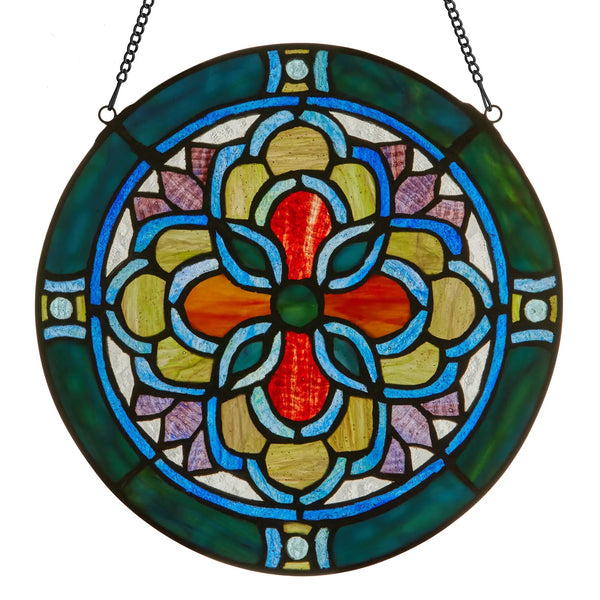 Multicolored stained glass medallion in a round geometric design available at Cerulean Arts.