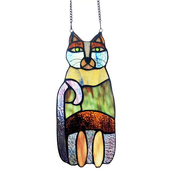 Multicolored stained glass cat panel available at Cerulean Arts. 