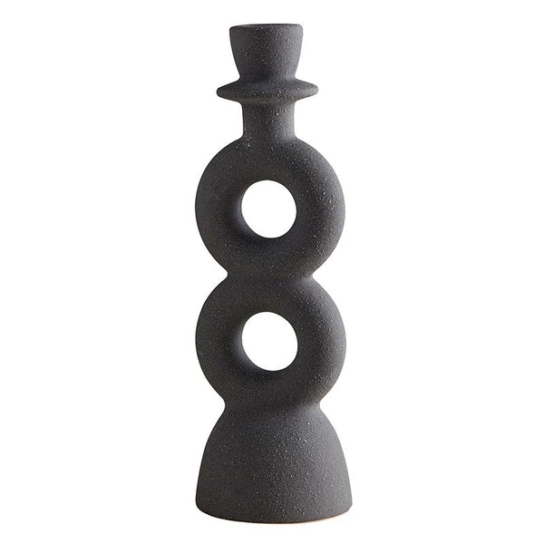 Ceramic candle holder featuring a double circle design with a textured finish in matte black available at Cerulean Arts.