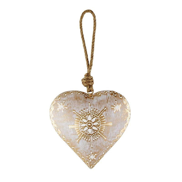 Gold finished metal heart featuring an embossed design in white available at Cerulean Arts.