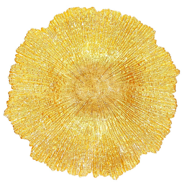 Hand-gilded glass centerpiece bowl in gold featuring a radial texture and free-form edge available at Cerulean Arts. 