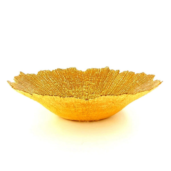 Hand-gilded glass centerpiece bowl in gold featuring a radial texture and free-form edge available at Cerulean Arts. 