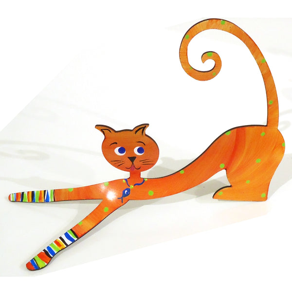 Hand painted steel sculpture of a whimsical downward cat in sunset orange available at Cerulean Arts. Curled tail of sculpture can serve as a photo or business card holder.