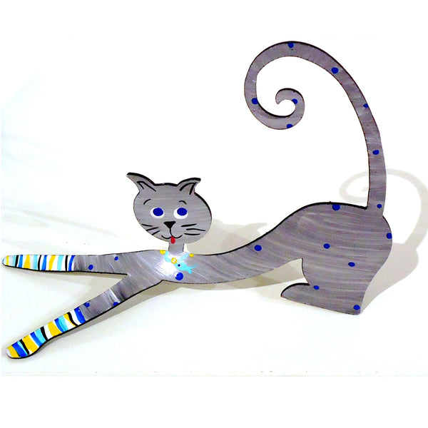 Hand painted steel sculpture of a whimsical downward cat in grey with polka dots, available at Cerulean Arts. 
