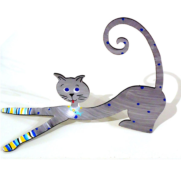 Hand painted steel sculpture of a whimsical downward cat in grey with polka dots, available at Cerulean Arts.