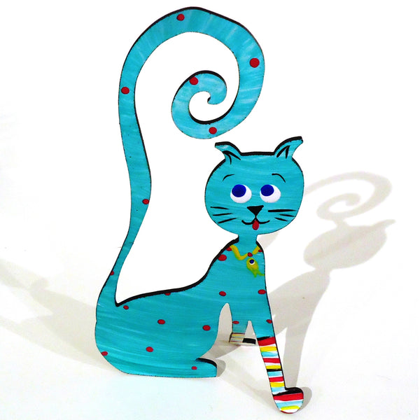 Hand painted steel sculpture of a whimsical sitting cat in turquoise blue, available at Cerulean Arts.