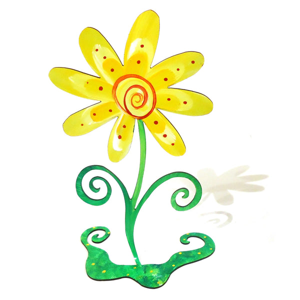 Hand painted steel sculpture of a whimsical yellow flower available at Cerulean Arts. 