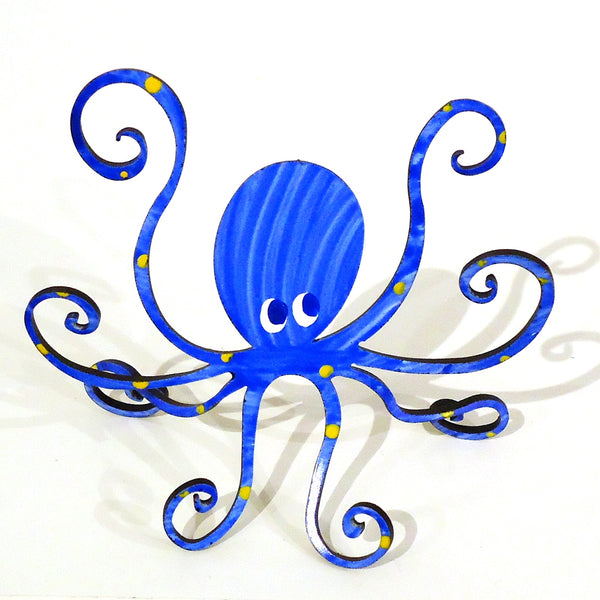 Hand painted steel sculpture of an ocean blue octopus, available at Cerulean Arts. 
