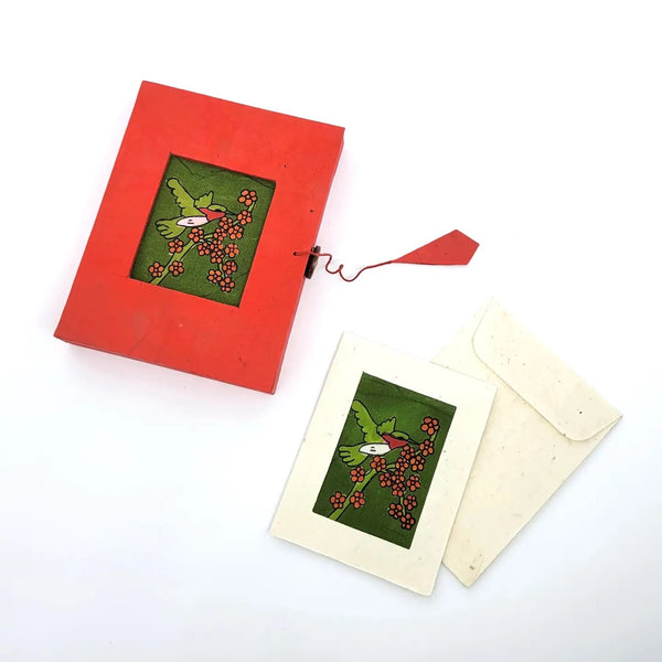 Batik paper box with set of six mini notecards featuring a hummingbird design.