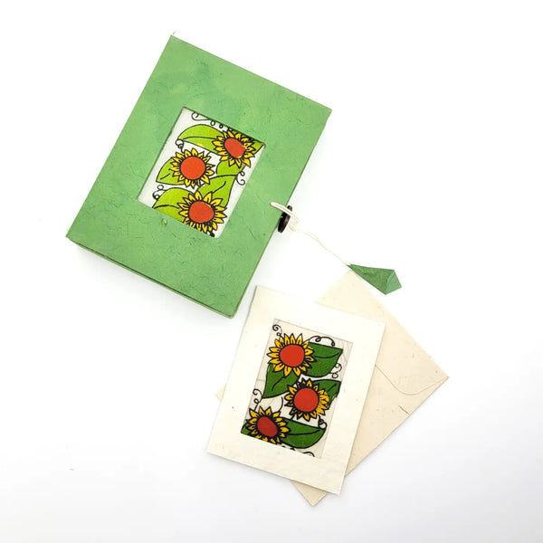 Batik paper box with set of six mini notecards featuring a sunflower design.