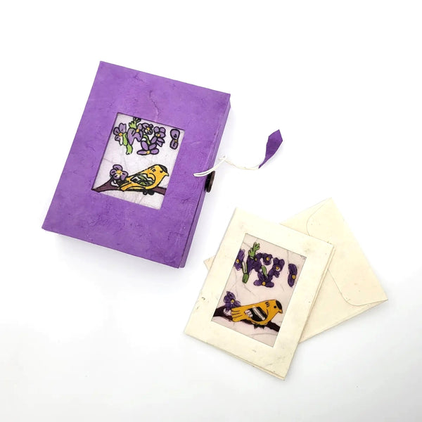 Batik paper box with set of six mini notecards featuring a goldfinch on a flowering branch design.