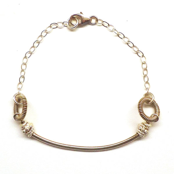 Sterling silver plated (silver over copper) bar & accent bracelet with sterling silver chain & clasp, available at Cerulean Arts.  
