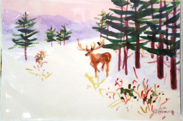 Set of 12 notecards of winter landscape with deer reproduced from an original artwork by Cerulean Arts Collective Member Ruth Formica. 