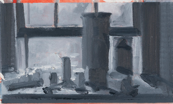 Still life painting with objects in a window frame