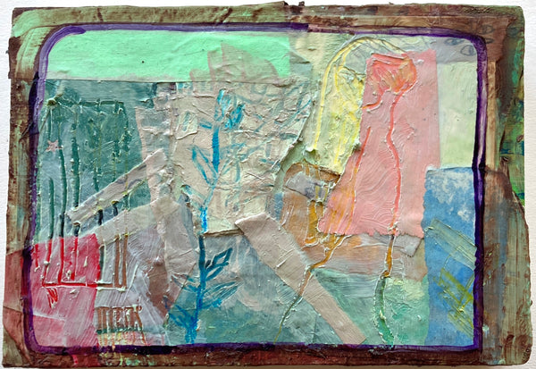 Paper Patches, acrylic, paper and pencil on wood and deconstructed cigar box painting by Philadelphia artist Philippa Beardsley, available at Cerulean Arts.