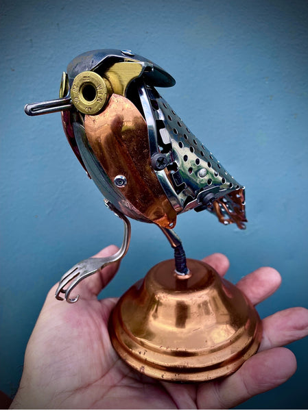 Copper, copper, stainless, silver, brass and steel sculpture by artist Ritch Branstrom, available at Cerulean Arts.