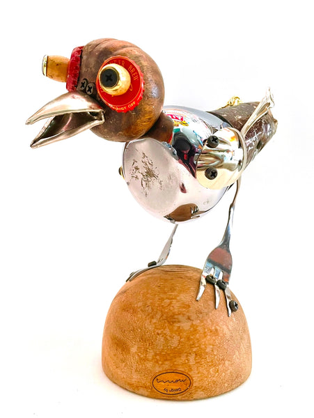 Woody, wood, stainless, aluminum, steel and chromed brass sculpture by artist Ritch Branstrom, available at Cerulean Arts.