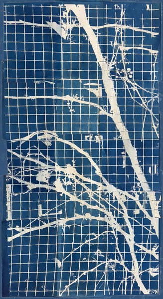 Urban Trellis #1: Winter, cyanotype print collage by Cerulean Arts Collective member Bill Brookover available at Cerulean Arts