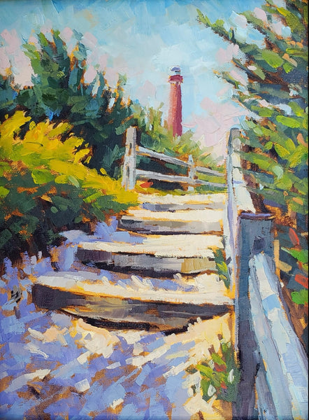 Painting of a wooden staircase leading to a lighthouse with greenery on either side.