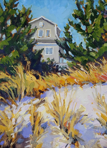 Painting of a house partially obscured by trees and plants with a blue sky.