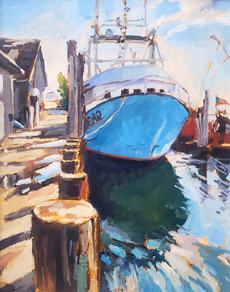 Painting of a blue boat docked at a pier with wooden posts and a clear sky.
