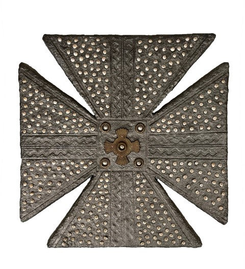 Southwest Shield, handmade paper, brass, shells, pins & acrylic paint sculpture by Cerulean Collective Member Carol Cole