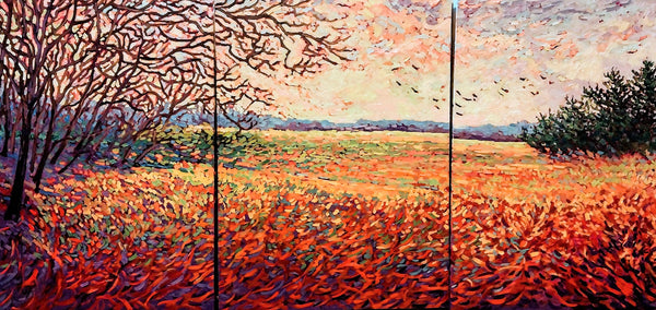 Andorra Meadow Triptych, oil on canvas painting by Cerulean Arts Collective Member Laura Eyring