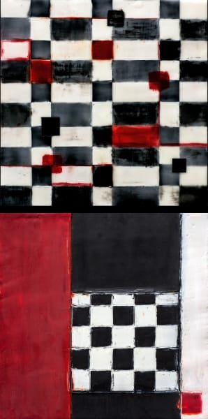 Not Always Black and White x 2, encaustic, collage, & oil pigments on panel by Cerulean Arts Collective Member Dora Ficher