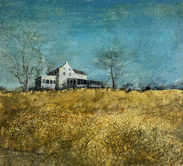 Painting of a house in a field with a blue sky