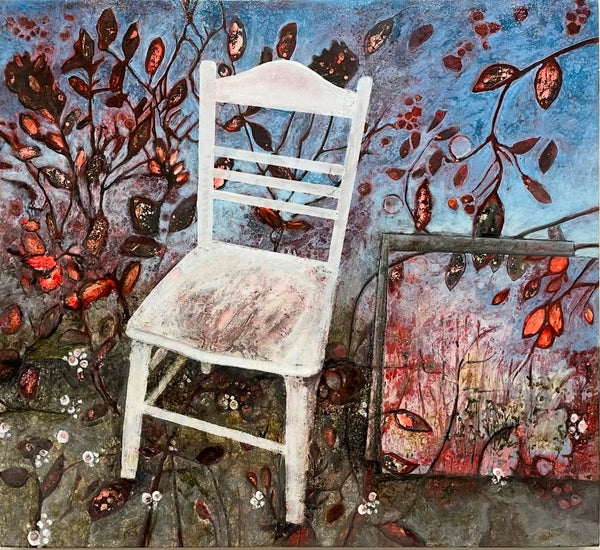 White chair amidst abstract floral and tree branches with a textured background