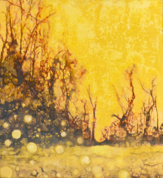Abstract art with a dominant yellow color palette, featuring trees and light effects.