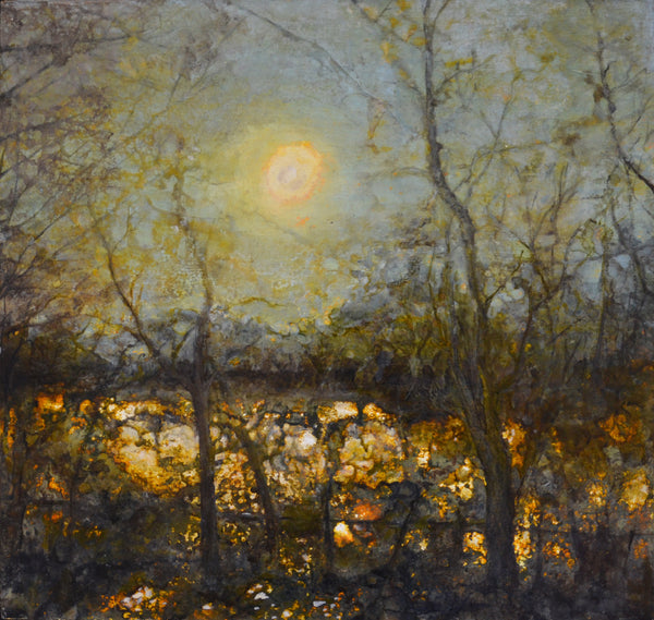 Painting of a moonlit night with trees and a glowing moon