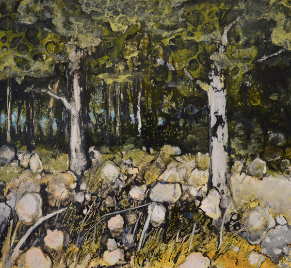 Artistic depiction of a forest with trees and rocks