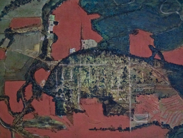 Aerial view of a city with green and red coloration