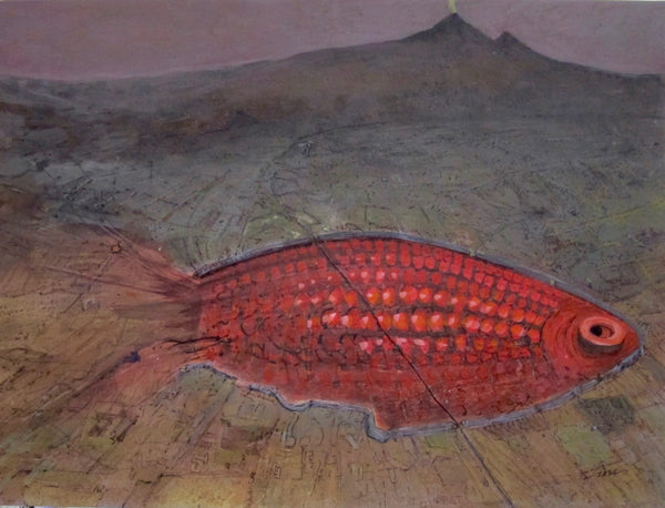 Red fish painting on a textured surface with a mountainous background
