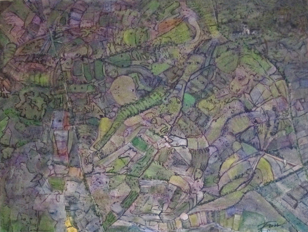 Colorful abstract landscape with various shades of green, purple, and blue.