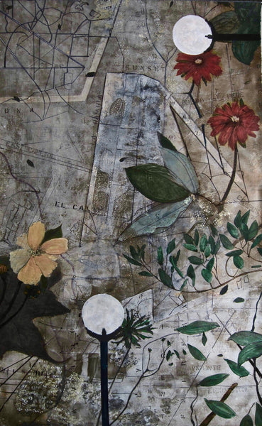 Painting with floral elements and map background