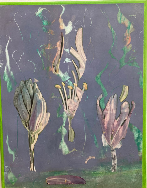 Artistic depiction of plants on a textured surface with a green border