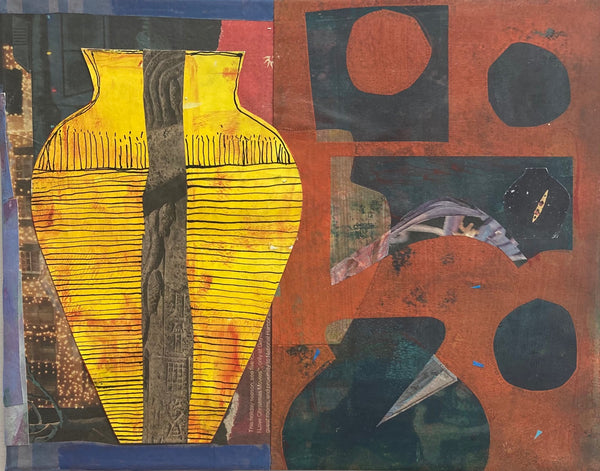 Abstract artwork with a yellow vase and geometric shapes on a multicolored background