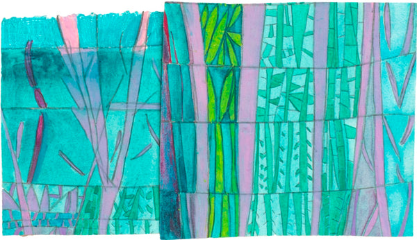 Stained Glass Forest, pencil, oil pastel and gouache painting by Cerulean Arts Collective Member Fran Gallun. 