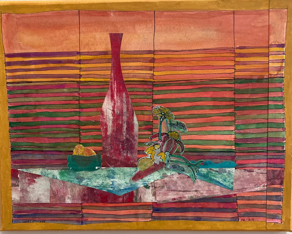 Colorful abstract artwork with a vase and fruit on a striped background