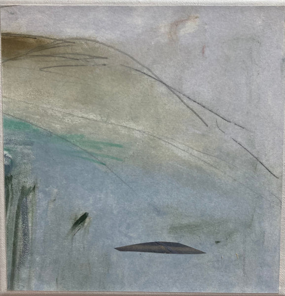 Abstract artwork with wavy lines and color patches on a textured surface