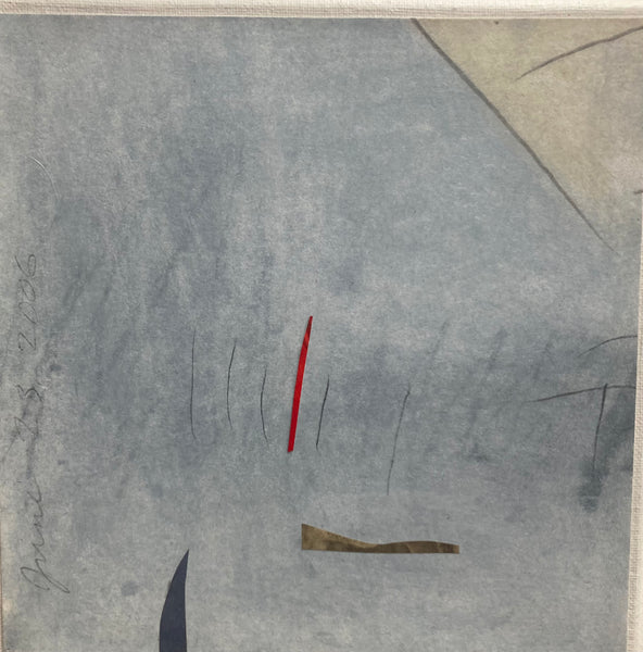 Abstract artwork with red, black, and brown lines on a gray background