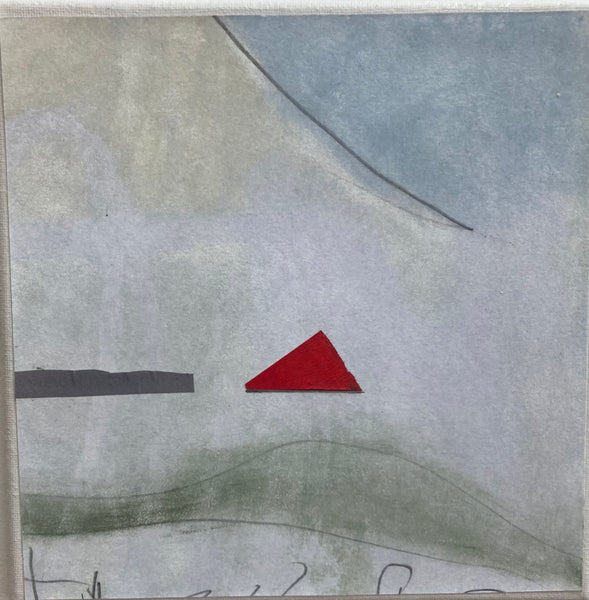Abstract artwork with a red triangle on a gray background
